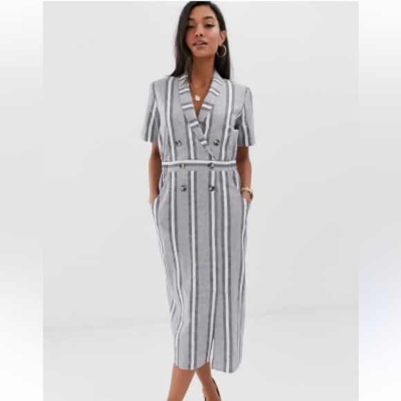 ASOS linen blend stripe tux midi dress black white size 16 - Picture 1 of 12